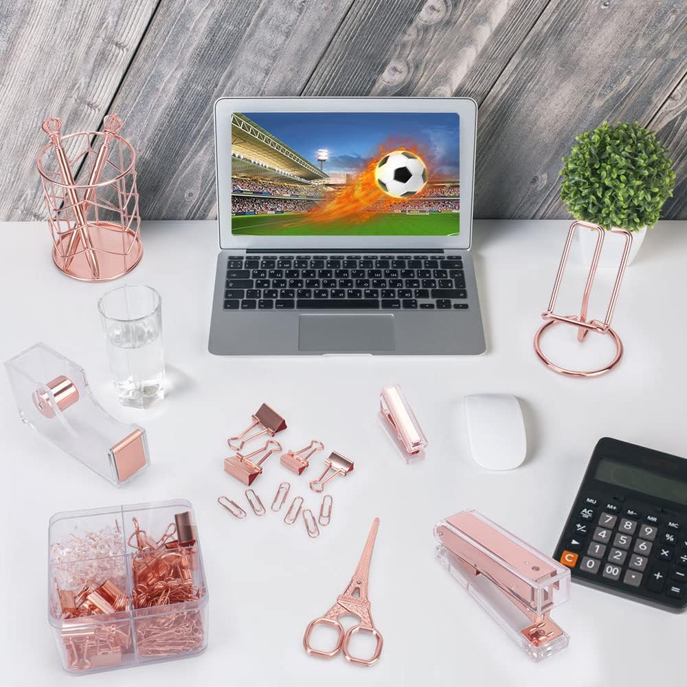Rose Gold Office Supplies and Accessories, Acrylic Stapler, Staple Remover, Tape Dispenser, Pen Holder, Phone Holder, Scissors, Paper Clips, Binder Clips, 2 Pen and 1000 pcs Staples - Image 7